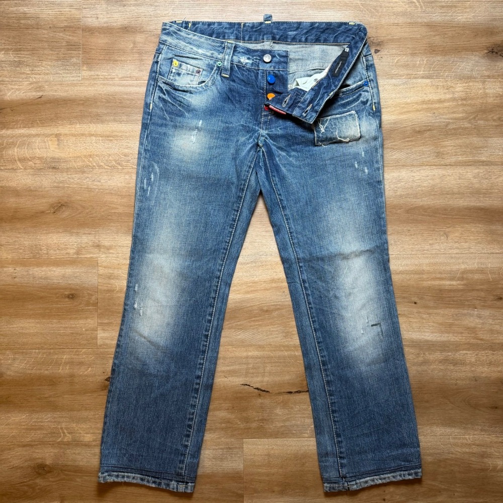 Dsquared2 Jeans Mens 44 Blue Distressed Multi Color Button Fly Made in Italy